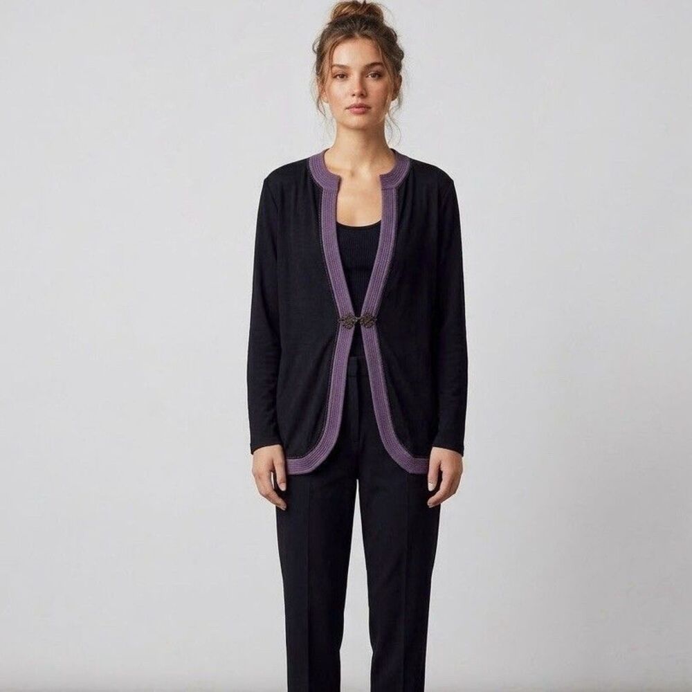 Exclusively Misook Medium Cardigan Jacket Black Purple Knit Frog Closure Asian